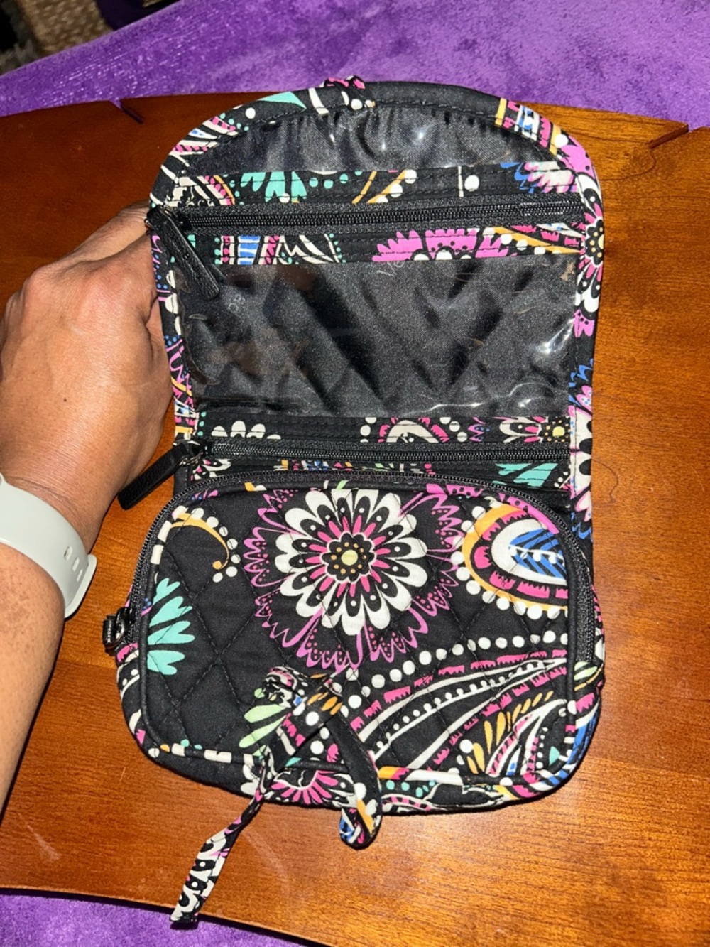 Quilted Floral Paisley Wristlet Clutch - Black with Pink & Turquoise - Picture 4 of 7